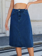 Slit Back Midi Denim Skirt Dark Blue OutfitFlow
