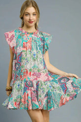 Umgee Printed Ruffle Cap Sleeve Mini Dress Blush Pink OutfitFlow