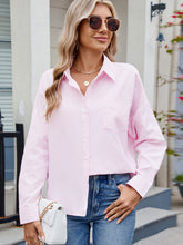 Striped Collared Neck Button Down Long Sleeve Shirt Blush Pink OutfitFlow
