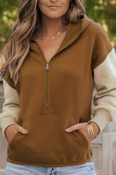 Contrast Half Zip Long Sleeve Hoodie Brown OutfitFlow