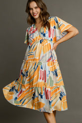 Umgee Full Size Abstract Print Flutter Sleeve Frill Tiered Midi Dress Plus Size TANGERINEMIX OutfitFlow