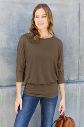 Basic Bae Full Size Round Neck Batwing Sleeve Top Brown OutfitFlow