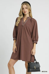 Umgee Notched Shift Dress with Trim Detail Mocha OutfitFlow