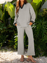 Striped Contrast Top and Wide Leg Pants Set Dark Gray OutfitFlow