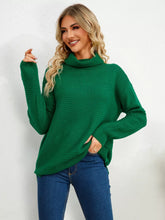 Slit Turtleneck Dropped Shoulder Sweater Dark Green OutfitFlow