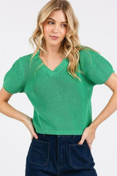 Mittoshop V-Neck Short Sleeve Crop Sweater Jade Green OutfitFlow