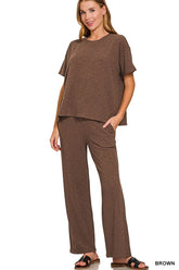 Zenana Slub Short Sleeve T-Shirt and Pants Set BROWN OutfitFlow