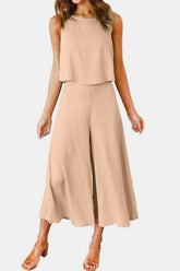 Round Neck Top and Wide Leg Pants Set Khaki OutfitFlow