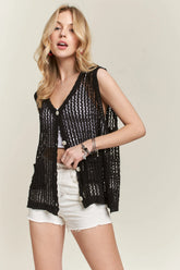 ADORA Button Down Crochet Vest Top BLACK OutfitFlow