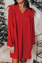Frill Notched Long Sleeve Dress Deep Red OutfitFlow
