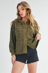 Aemi + Co Floral Button Up Hooded Jacket Olive OutfitFlow