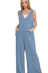 Zenana French Terry Deep V Neck Jumpsuits DUSTY BLUE OutfitFlow