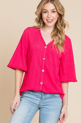 BOMBOM Texture Decorative Button V-Neck Top Fuchsia OutfitFlow