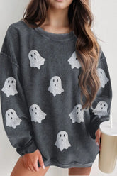 Glitter Ghost Round Neck Long Sleeve Sweatshirt Dark Gray OutfitFlow