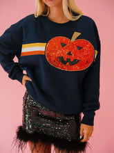 Halloween Sequin Round Neck Sweatshirt Dark Blue Pumpkin Strips OutfitFlow