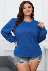 Plus Size Textured Round Neck Long Sleeve Top Cobalt Blue OutfitFlow