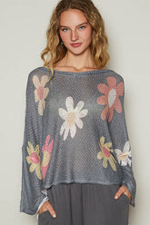 POL Flower Dropped Shoulder Long Sleeve Knit Top Charcoal OutfitFlow