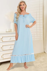 Lace Detail Short Sleeve Lounge Dress Light Blue OutfitFlow