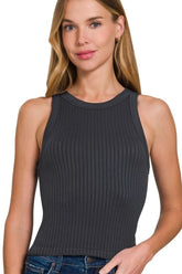 Zenana Seamless Ribbed Crop Tank BLACK OutfitFlow