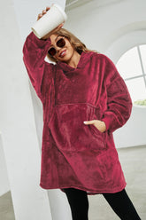 Kangaroo Pocket Dropped Shoulder Hoodie Deep Red OutfitFlow