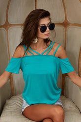 BiBi Rayon Span Jersey Lace Up Shoulder Detailed Top TEAL BLUE OutfitFlow