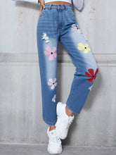 Floral Embroidered High Waist Distressed Jeans Blue OutfitFlow