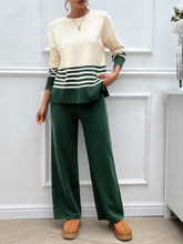 Devine Slit Striped Round Neck Top and Pants Sweater Set Dark Green OutfitFlow