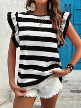 Contrast Striped Ruffle Sleeve T-Shirt Black OutfitFlow