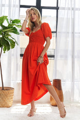 ADORA Popcorn Smocked Puff Sleeve Dress Orange-Red OutfitFlow