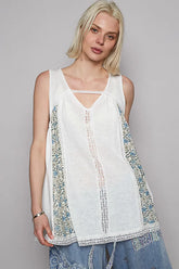 POL V Neck Sleeveless Tank Top with Lace Detail OFFWHITE OutfitFlow