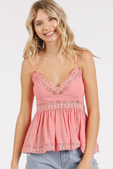 Mittoshop Crisscross Back Lace Detail V-Neck Cami RICH PINK OutfitFlow