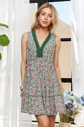 ADORA Lace Detail V-Neck Sleeveless Mini Dress Dark Green OutfitFlow