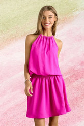 ADORA Halter Neck Smocking Waist Dress HOT PINK OutfitFlow