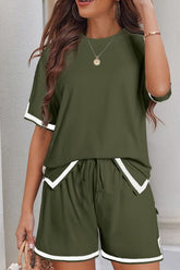 Contrast Trim Tee and Shorts Set Army Green OutfitFlow
