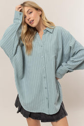 HYFVE Stripe Button Down Long Sleeve Oversized Shirt Dusty Aqua OutfitFlow