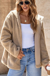 Drawstring Fleece Zip Up Hooded Jacket Khaki OutfitFlow