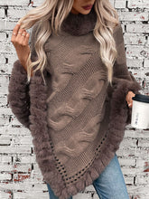Fuzzy Hem Cable-Knit Poncho Mocha One Size OutfitFlow