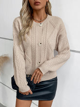 Cable-Knit Round Neck Button Up Cardigan Dust Storm OutfitFlow