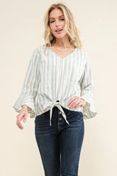 And The Why Stripe Tie Knot Front Bell Sleeve Top DUSTY MINT OutfitFlow