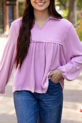 Corded Johnny Collar Long Sleeve Babydoll Blouse Lilac OutfitFlow