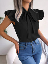 Ruffled Tie Neck Cap Sleeve Blouse Black OutfitFlow