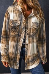 Plaid Button Up Long Sleeve Jacket Coffee Brown OutfitFlow