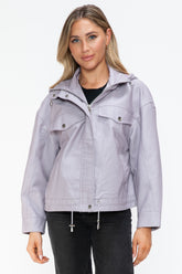 How Dare U Drawstring Hem PU Leather Zip Up Jacket Lilac OutfitFlow