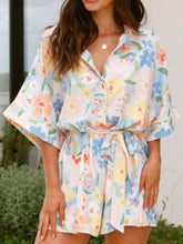 Printed Half Sleeve Tie Waist Romper Multicolor OutfitFlow
