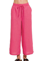 Zenana Woven Crepe Elastic Band Waist Cropped Pants FUCHSIA OutfitFlow