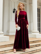 Tie Front Round Neck Long Sleeve Maxi Dress Burgundy OutfitFlow
