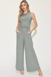 Basic Bae Full Size Ribbed Tank and Wide Leg Pants Set Gray OutfitFlow