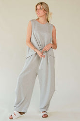 Davi & Dani Drawstring Hem Round Neck Tank and Pants Set HEATHER GREY OutfitFlow
