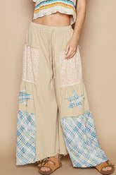 POL Drawstring Star Patch Contrast Wide Leg Pants Beige OutfitFlow