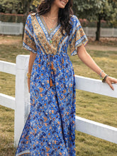 Slit Printed V-Neck Half Sleeve Maxi Dress Blue OutfitFlow